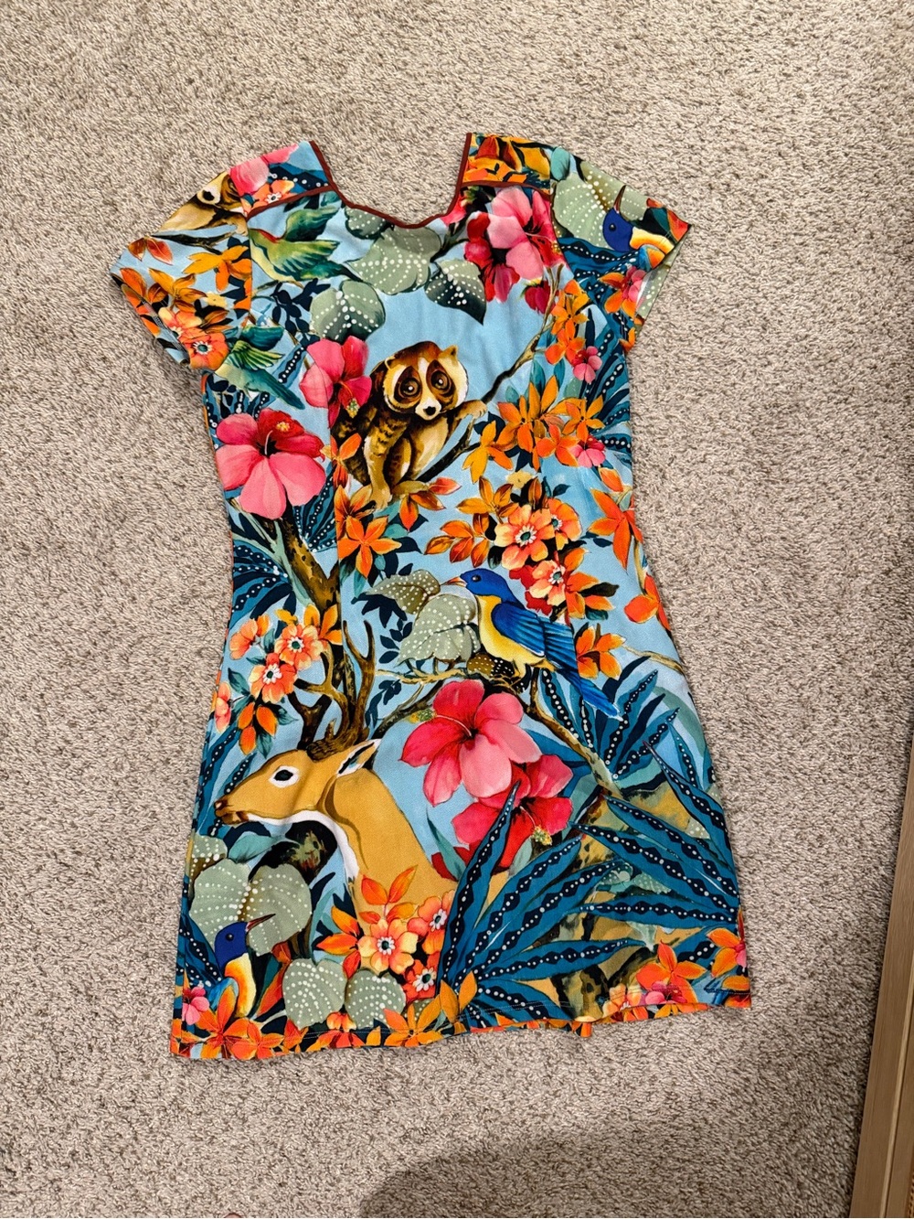 Blue Tropical Floral Mini Dress with Animal Motif